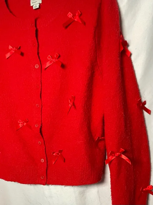 A New Day Y2K Red Bow Embellished Cardigan Sweater Button Front Coquette Cottagecore - Image 2