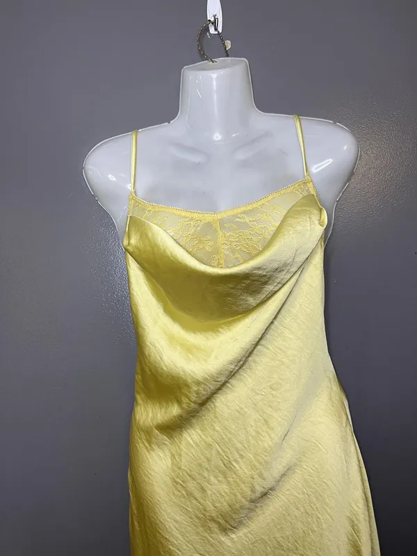 Cider Dress Womens Medium Yellow Satin Lace Cowl Neck Backless Slip Maxi - Image 2