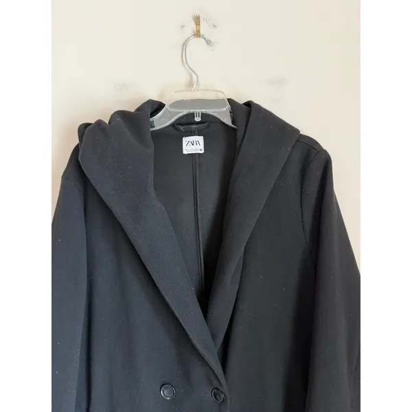 Zara Hooded Top Coat Oversized Womens Med Black Long Sleeve Button Front Ovecoat - Image 3