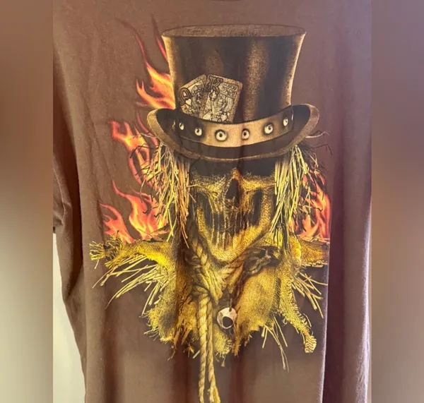 Happy Halloween Scarecrow Skull Flames Graphic T-Shirt Size Large 100% Cotton - Image 2