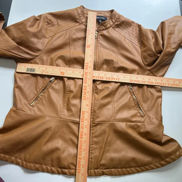 New Look Faux Leather Jacket Womens 2X Tan Great Quilted Biker Moto Peplum - Image 7