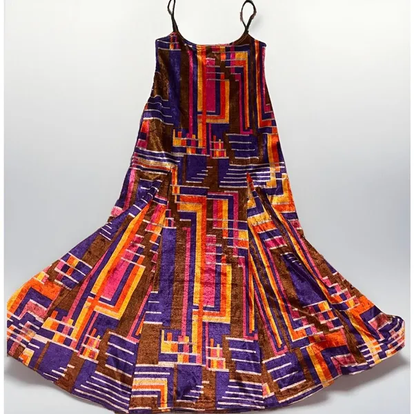 American Vintage Vintage Psychedelic Geometric Velvet Maxi Dress Purple Orange - Image 2