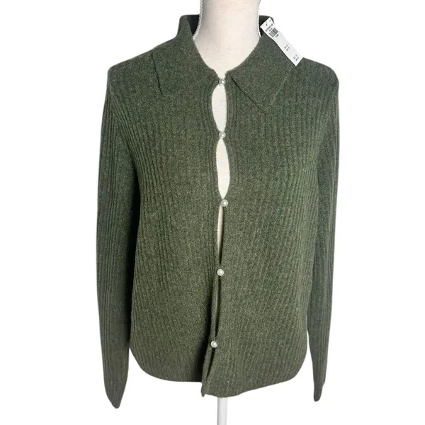 Abercrombie & Fitch Pearl Button Collared Cardigan in green XL NWT - Image 2