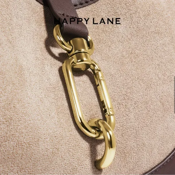 Happy Lane Two-Tone Hobo Shoulder Bag Suede Brown Beige Gold Hardware NIP - Image 4