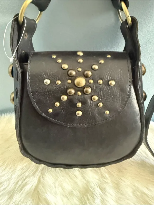 Handcrafted Boho Leather Studded Crossbody Bag Black - Image 2