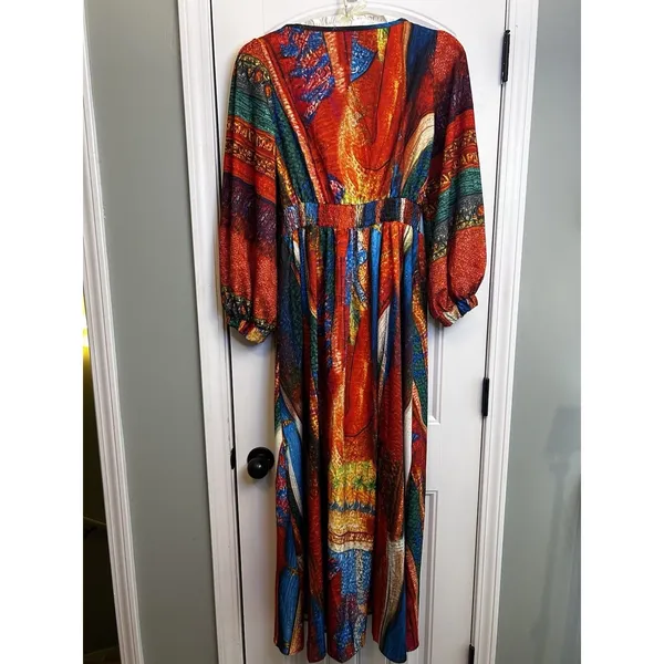 Women’s L Multicolor Abstract V-Neck Smocked Waist 3/4 Balloon Sleeve Maxi - Image 3