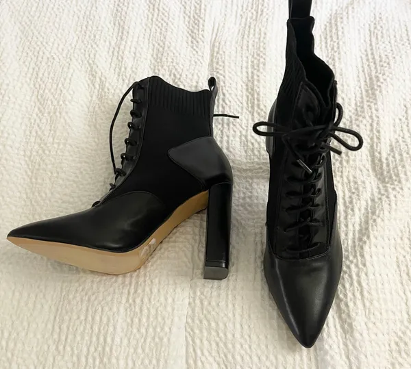 Pointed laced tie faux leather contrast pull on knit ankle boots - Image 2