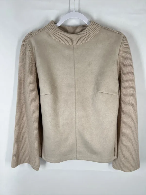 Ann‎ Taylor Mixed Media Faux Suede Knit Sweater Beige Mock Neck Size M - Image 2