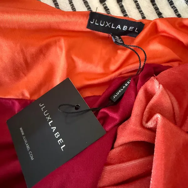 JLUXLABEL | Orange to Red Ombre Velvet High Neck Halter Draped Maxi Dress Small - Image 5