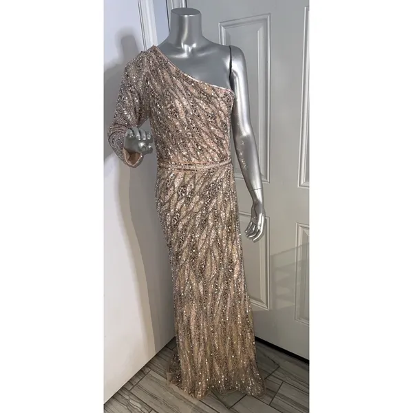 MAC DUGGAL 4982 EMBELLISHED ONE SLEEVE W/ SEQUIN BELT ROSE GOLD GOWN sz 8 - Image 16