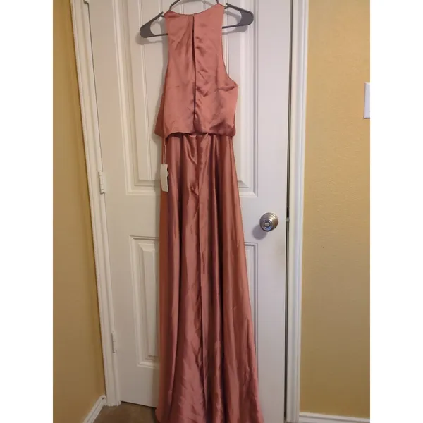 Revelry Wren Satin Fitted High Neck A-line Bridesmaid Dress 6 Desert Rose - Image 5