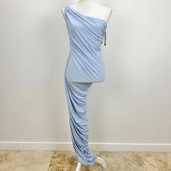 Betsy & Adam Jersey Ruched Sleeveless Asymmetrical Maxi Dress Blue US 2 NWT - Image 2