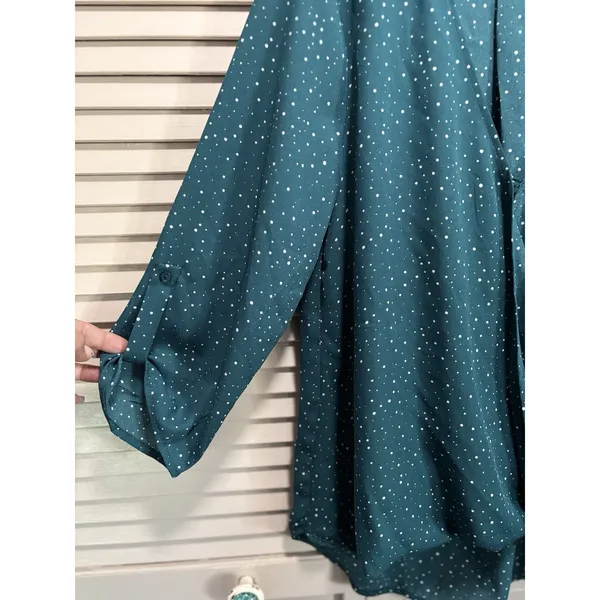 Peace‎ & Pearls Green/Wh Polkadot Chiffon Wrap Front 3/4 Tab Sleeve Blouse Sz M - Image 3