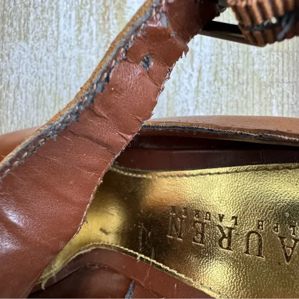 Ralph Lauren Hannie Brown‎ T Strap Peep Toe Wedge Sandals Leather Sz 8.5 - Image 8