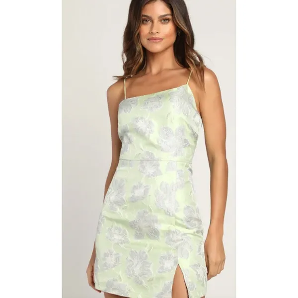 Lulu's Asymmetrical Formal Bodycon Mini Dress Light Green Silver Size Large NEW - Image 3