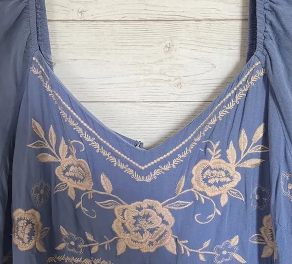 Savanna Jane Women's 2X Blue Embroidered Boho Tunic Dress | Rayon Lined | 3/4 Sleeve | Excellent Pre-Owned - Image 5