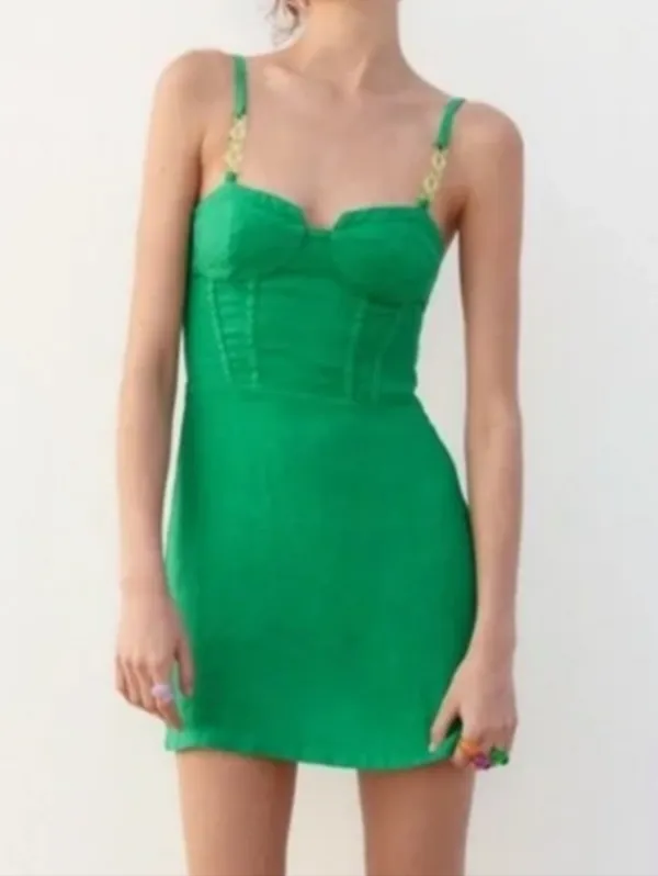 Zara Linen Blend Green Mini Corset Dress with Beaded Straps - Image 2