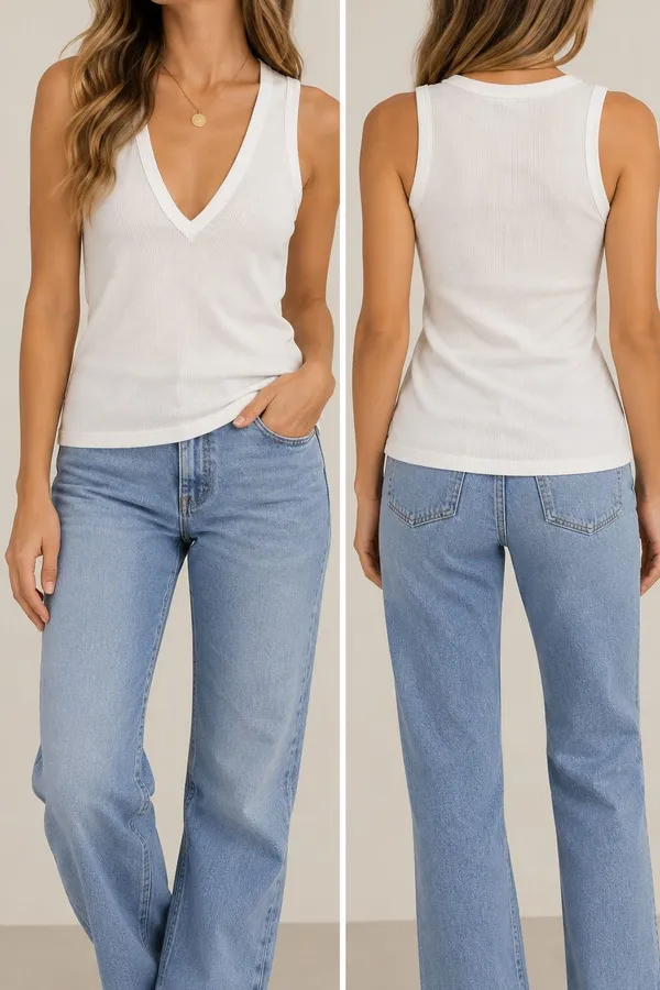 We The Free Free People White Ribbed V-Neck Tank Top Size M Minimalist - Image 2