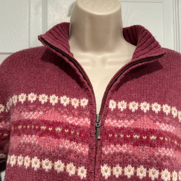 VTG L L Bean Wool Fair Isle Nordic Ski Full Zip Cardigan Sweater L‎ rustic cozy - Image 2