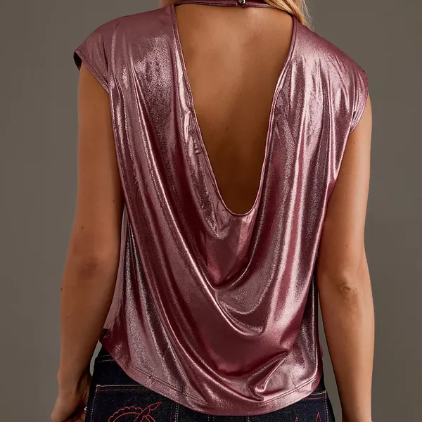 By Anthropologie • Cowl-Neck Liquid Shine Top Pinkish Red - Image 2