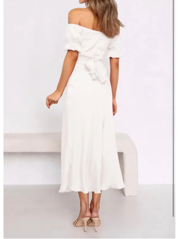NEW Elegant Off Shoulder Short Sleeve Ruffle Mermaid Hem Belted Midi Dress XL - Image 2