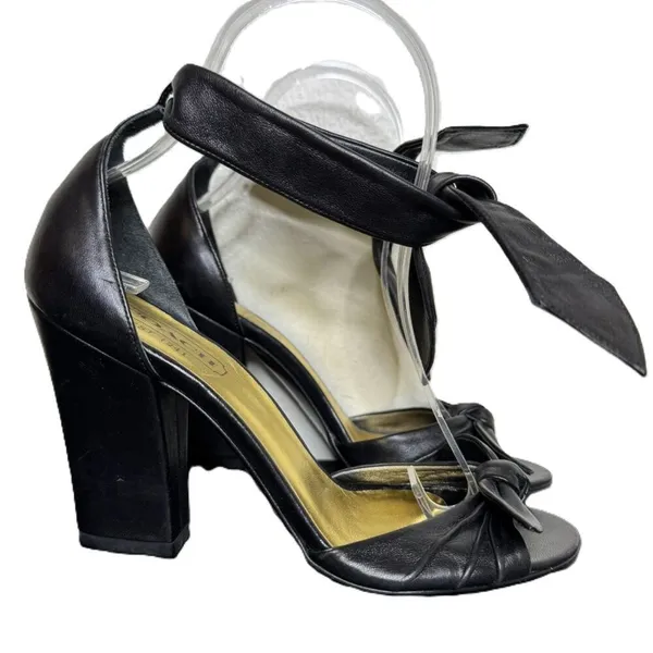 Coach Black Leather Peep-Toe Heels, Ankle Tie, 3.5" Block Heel, Size 6B - Image 2