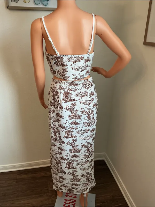 SHEIN Toile Corset Top & Maxi Skirt Set Brown Cream M - Image 6