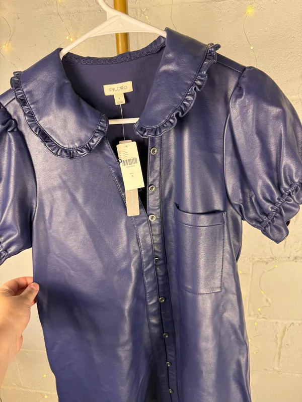 Anthropologie Pilcro Navy Faux Leather Button Front Mini Dress S Collared Puff Sleeve Pockets - Image 5