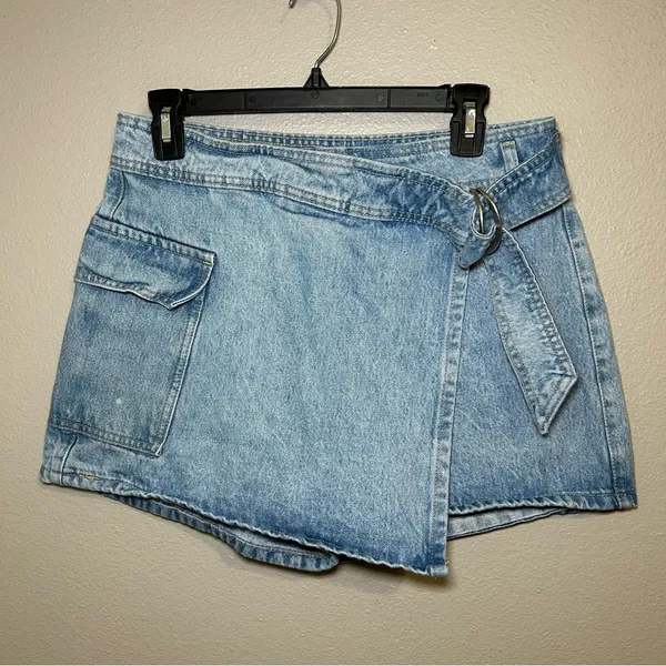 MNG Mango Cotton Denim Belted Cargo Mini Skort Skirt Women’s Size Medium - Image 4