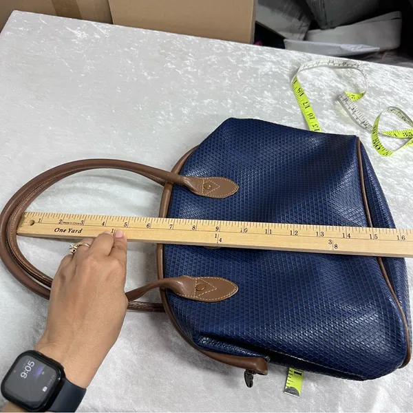 Vintage Liz Claiborne Blue textured handBag leather trim 80’s tote - Image 4