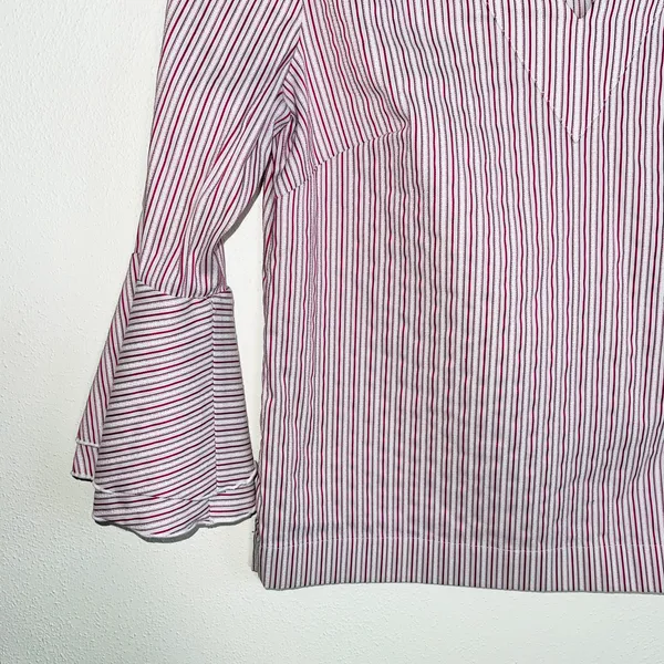 White House | Black Market White & Pink Striped Bell Sleeve V-neck Popover Top - Image 4