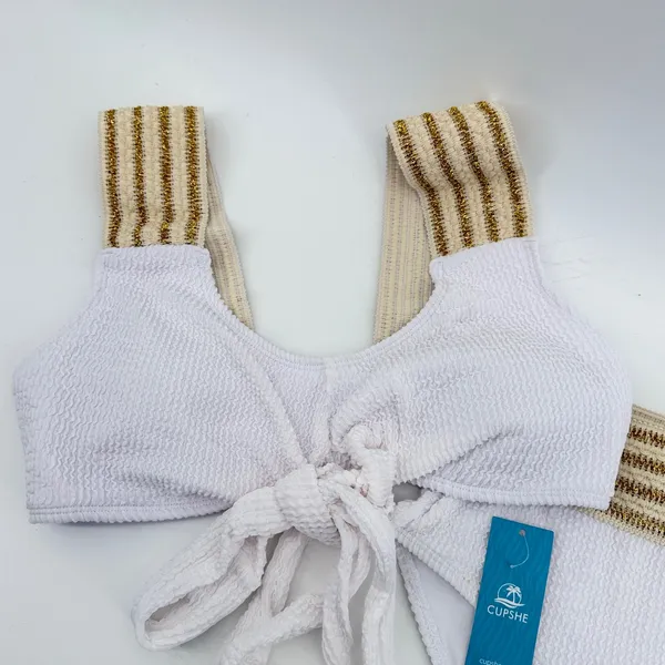 CUPSHE Womens White Smocked Bikini Set Gold Metallic Striped Trim‎ size Med New - Image 2