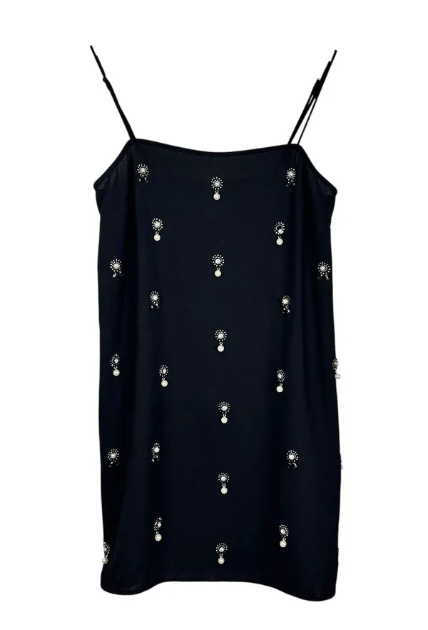 H&M Appliquéd Holiday Party Slip Dress Pearl Rhinestones Embellished Black Sz S - Image 4
