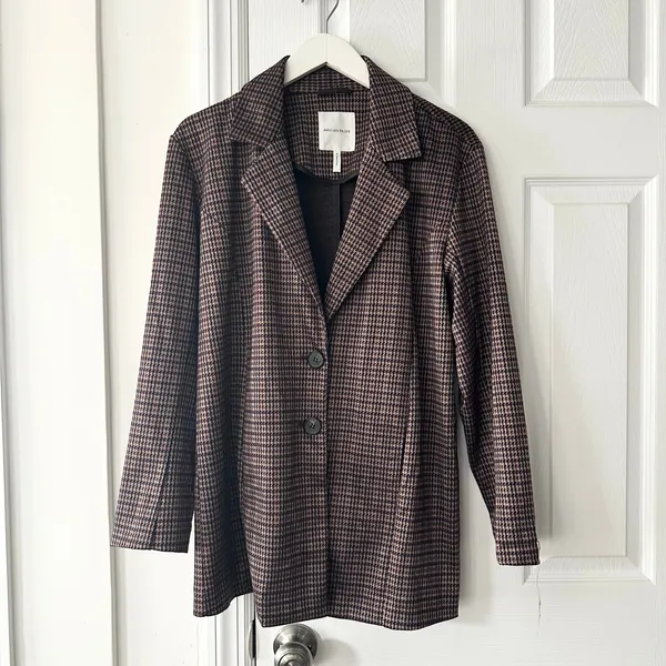 Avec Les Filles Anthropologie Brown Blue Houndstooth Longline Blazer Small 80103 - Image 2
