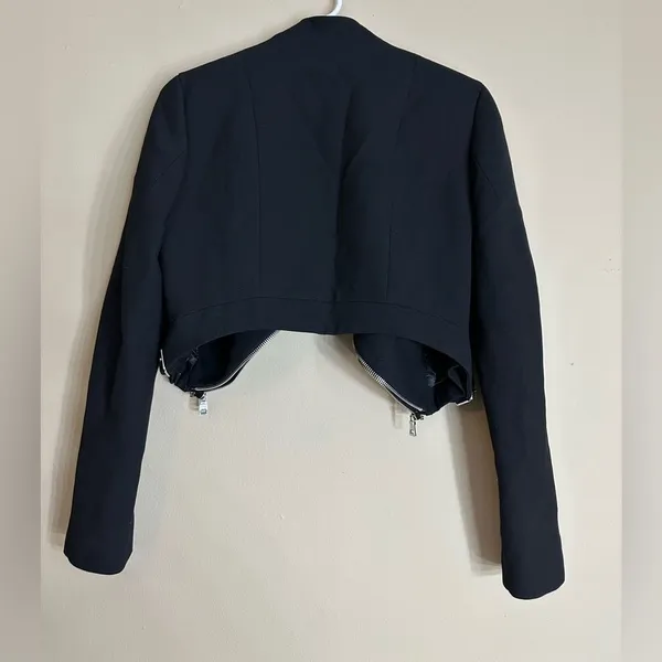 Zara black cropped biker jacket featuring zipper details and side buckle strap - Image 2