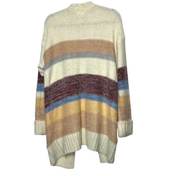 BiBi Fuzzy Eyelash Knit Stripe Cardigan Sweater Cream Open Front Size Large - Image 2