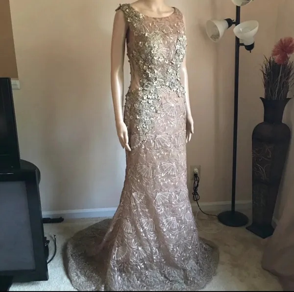 Embellished Taupe Evening Gown - Elegant Lace & Beaded dress - Image 4