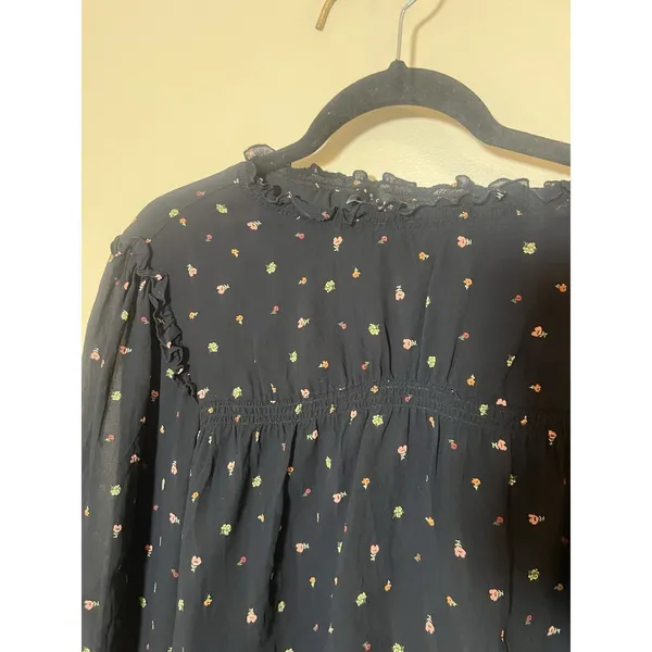Sanctuary Anthropologie Women Top L Black Floral Ruffle Lined Smocked Blouse - Image 5
