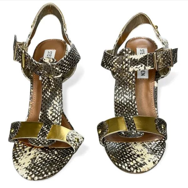 Steve Madden Snake print & Gold T-Strap Dress Sandals baddie sexy Reya Natural - Image 3