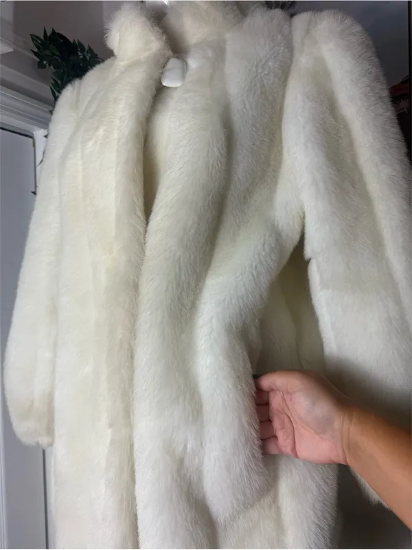 Vintage Women's Cream Faux Fur Jacket Front Button Made In USA Size XL Coat - Image 10