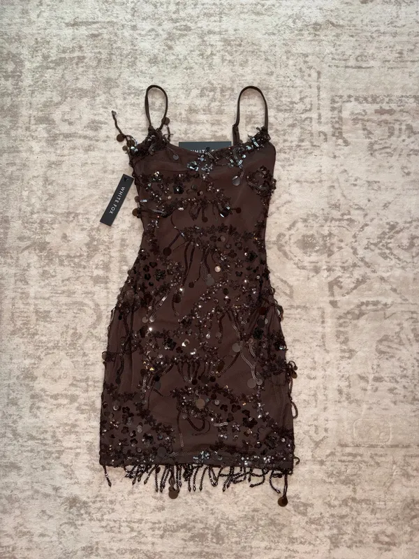 White Fox Decadent Daze Beaded Mini Dress Chocolate - Image 5