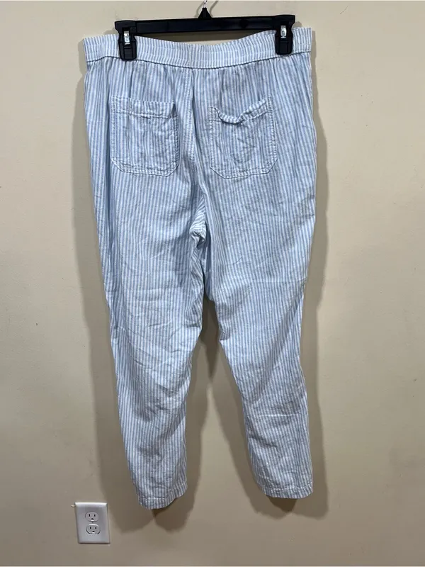 Anthropologie Seashore Linen Blend Pants Women S Blue Striped Rope Belt Crop - Image 7