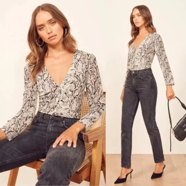 New Reformation Eliana Button Down Top In Snakeskin - Image 2