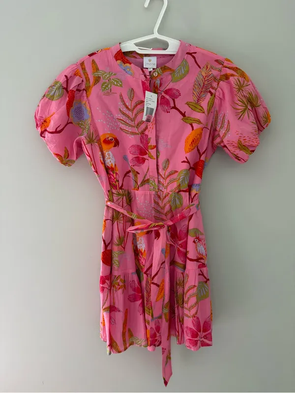 NWT J. Marie Pink Tropical Bird Print Puff Sleeve Mini Dress XS - Image 3