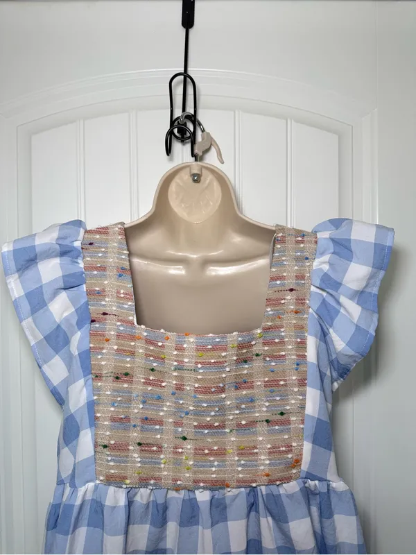 Entro Small Blue Gingham Ruffle Sleeve Beaded Square Neck Babydoll Top Coquette - Image 4