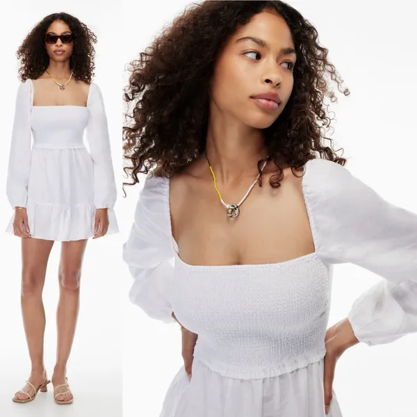 New Aritzia Wilfred New Tempest White Smocked Linen Mini Dress Square Neck Small - Image 4