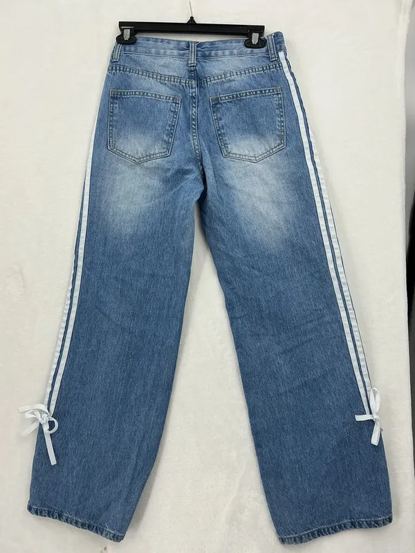 High-Rise Wide Leg Jeans with Side Ties - Light Blue Denim 765 - Image 7