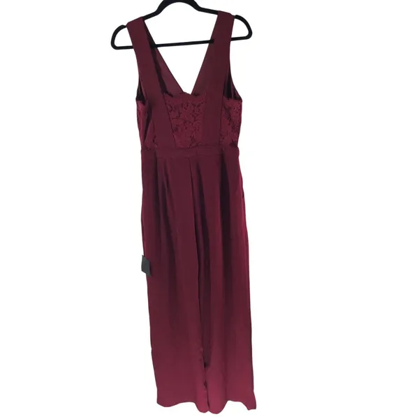 Lulus Kiska Burgundy Lace Wide-leg Jumpsuit Pockets V Neck Pleated M - Image 2
