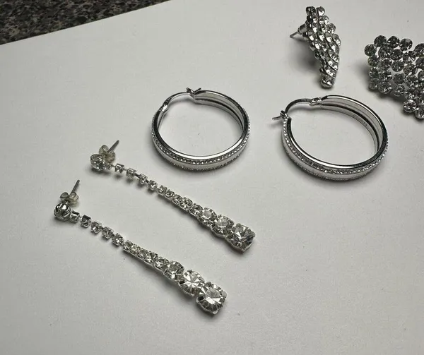 Sparkly Clear Rhinestone Pierced Earrings Lot Of 3 Dangle Hoop Stud Silver Tone - Image 4