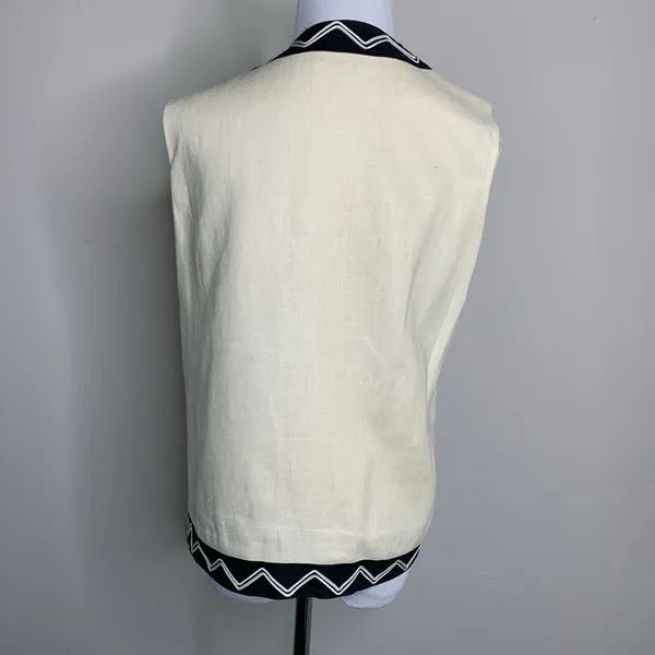 Vintage Geometric Vest Cream Black Sz 10 Lined ? Linen - Image 3